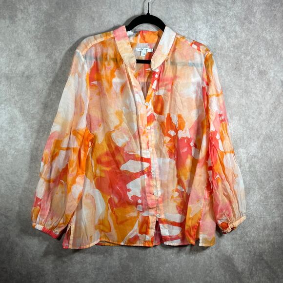 Chico's Shirt Womens Size 4 US 20 Orange Watercolor Button Front Lightweight - Picture 2 of 9